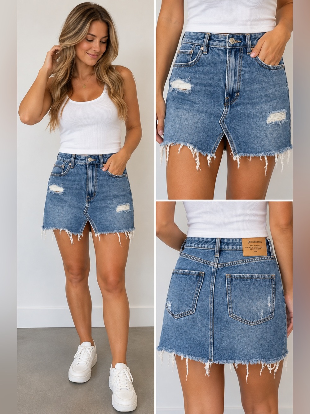 423 Stradivarius Distressed Denim Mini Skirt Size 6 Blue Raw Hem Ripped